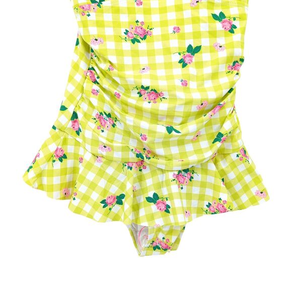 Betsey Johnson Women M Skirted Swimsuit Green White Gingham Plaid Floral 1 Piece - Picture 5 of 11
